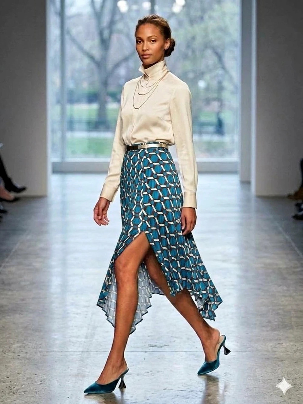 Zara Geometric Print Pleated Midi Skirt in Blue & Brown Size XS